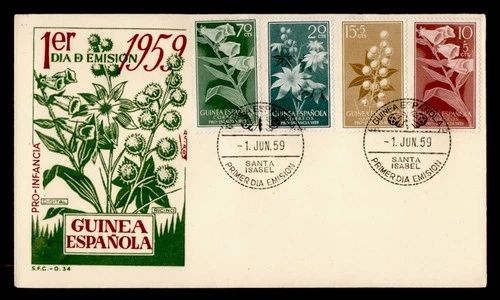 DR WHO 1959 SPANISH GUINEA FDC FLOWER SEMI POST PRO INFANCIA COMBO M76548