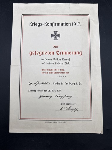 WWI 1917 War Kriegs Konfirmation Iron Cross Volkes Kampf Certificate document