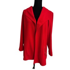 Chicos Red Open Front Textured Jacket Gold Zip Pockets Size 2 Large Business