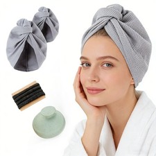 Cotton Hair Towels Turban Wrap for Wet Hair Drying w/ Massage Comb 4 Hair Ties