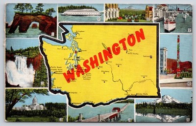 Washington State Map~Elephant Park~Capitol~Mt Rainier~Government Locks~Linen PC