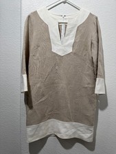Michael Kors Tan & Cream 100% Linen Dress 3/4 Sleeves With Pockets Sz 4 V Neck