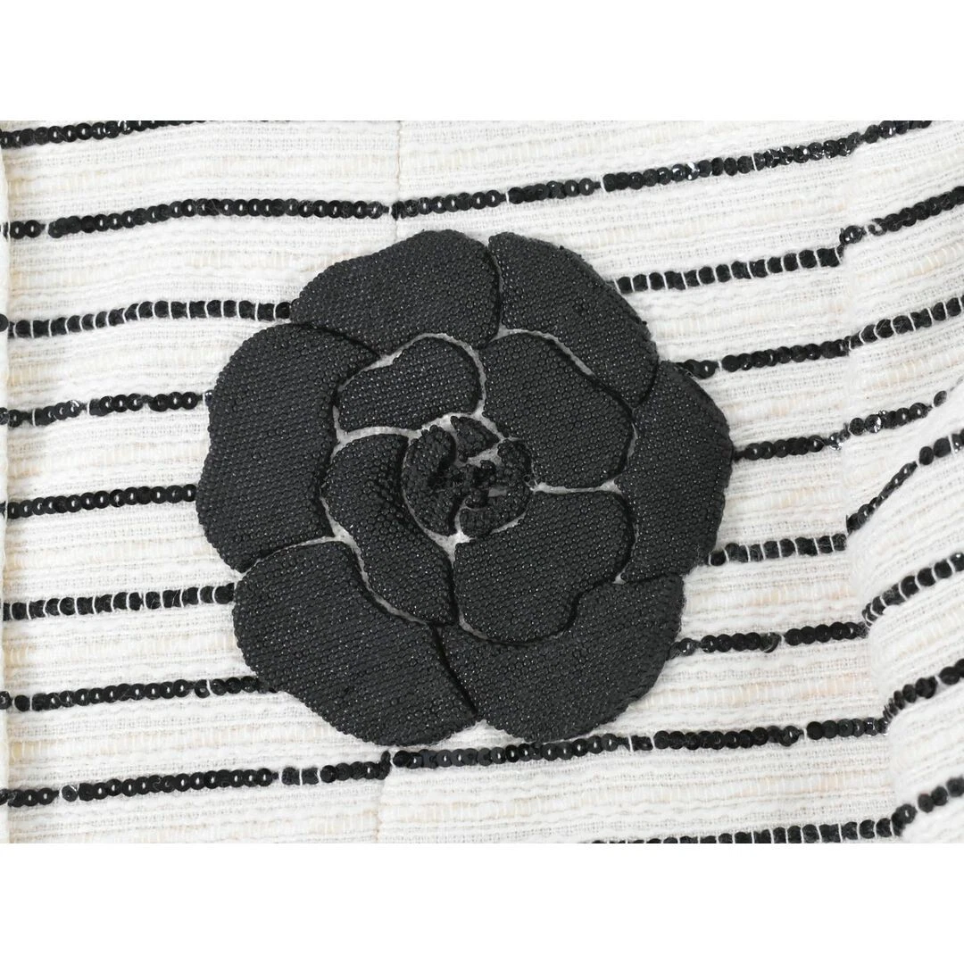 Chanel Camelia Rigato Tweed Giacca Camoscio 34 Cotone Pvc Nylon Beige Nero W