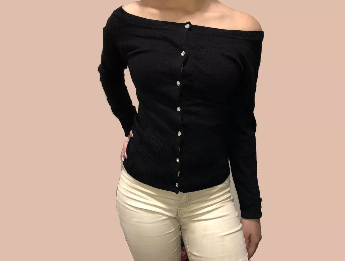 Black Off The Shoulder Cardigan Sweater Button Up Mid Sleeve eBay