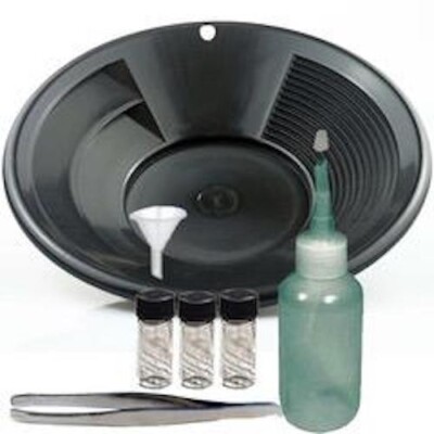 Sluice Monkey 10'' Black Pan, 4 oz Sniffer Bottle, 3 Glass Vials, Funnel, Tweezer