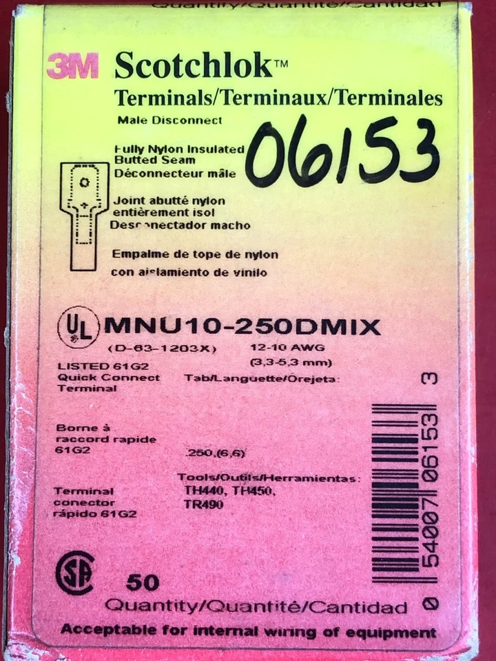 BOX OF (50) 3M SCOTCHLOK MNU10-250DMIX NYLON INSULATED TERMINALS 12-10 AWG 06153 - Image 3 of 4