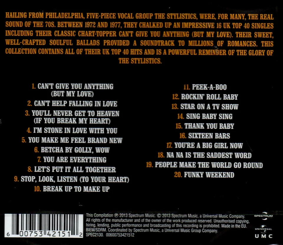 The Stylistics – The Very Best Of (CD Spectrum Music SPEC2130) -Neu- 2013 - Bild 2 von 2