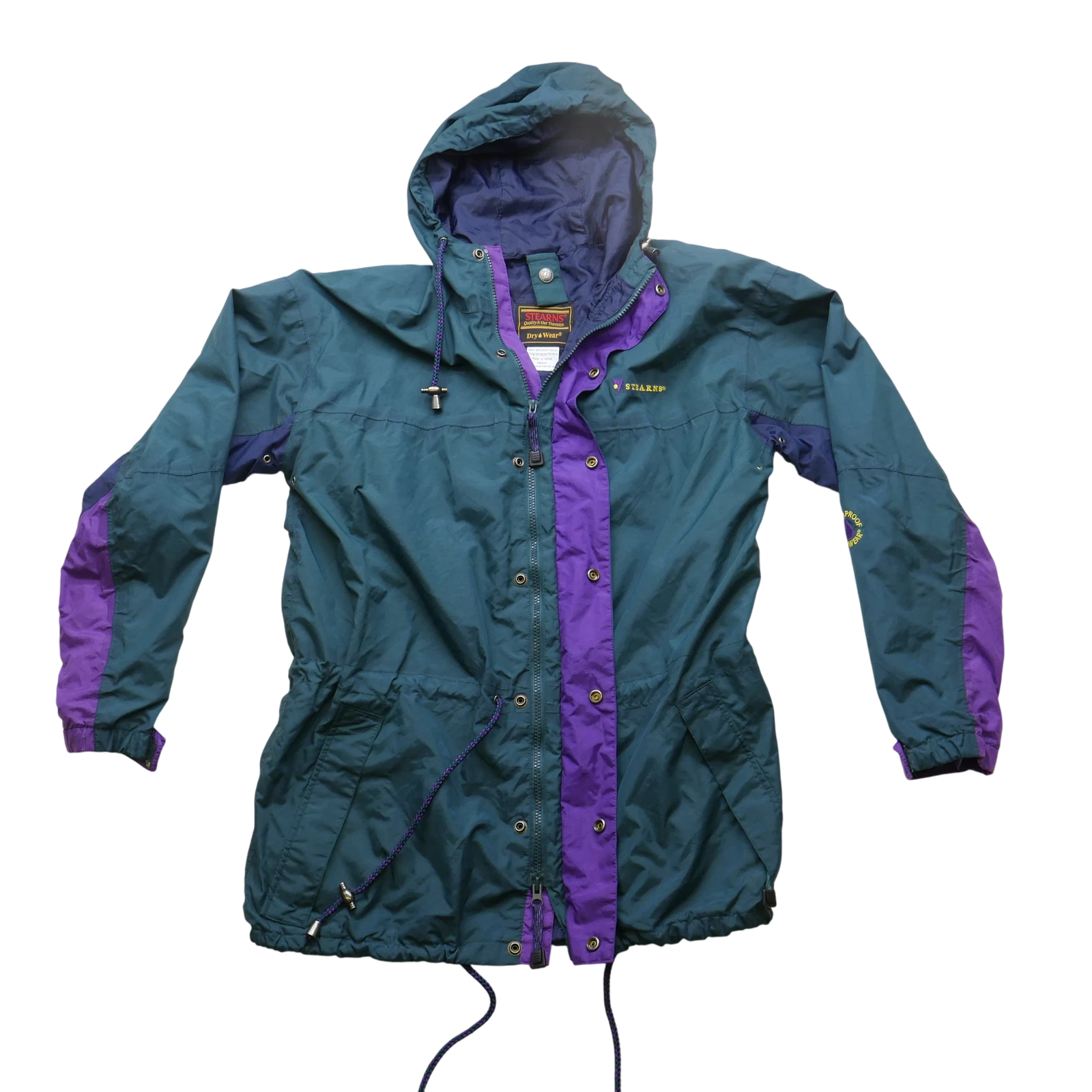 Vtg Stearns Jacket Mens Medium Waterproof Dry Wear Hooded Green Purple 90s Sign