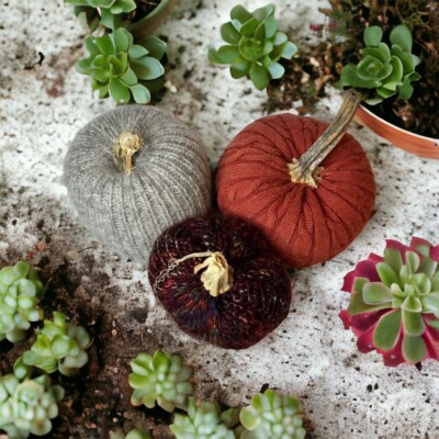 NEW Set Of 3 Handmade Sweater Pumpkins  Real Stems  Halloween Autumn Fall