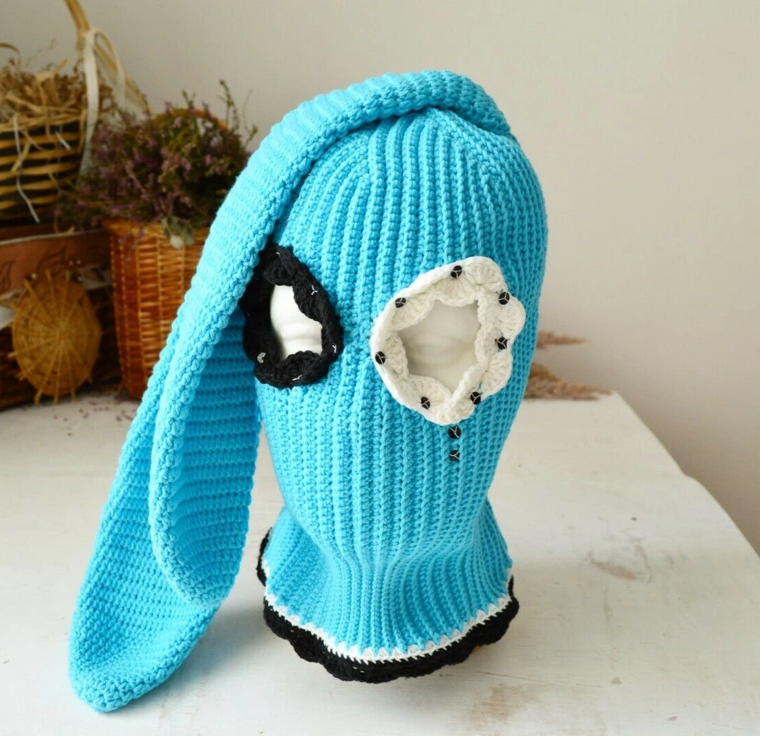 Psycho bunny ibiza blue hat Custom knitted balaclava ski mask with ears women