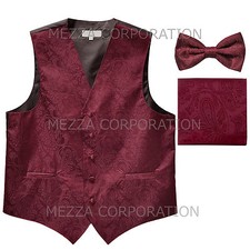 New Vesuvio Napoli Men's paisley Tuxedo Vest Waistcoat Bowtie Hankie Burgundy