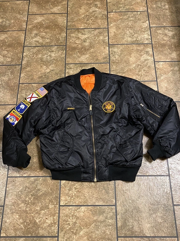 复古 MA-1 Rothco Ultra Force 夹克大号黑色陆军传单补丁轰炸机! — 第 2/4 张图片