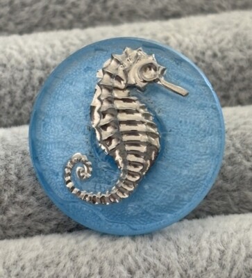 1 Czech Blue Glass Raised Silver Seahorse Button, Ocean Life
