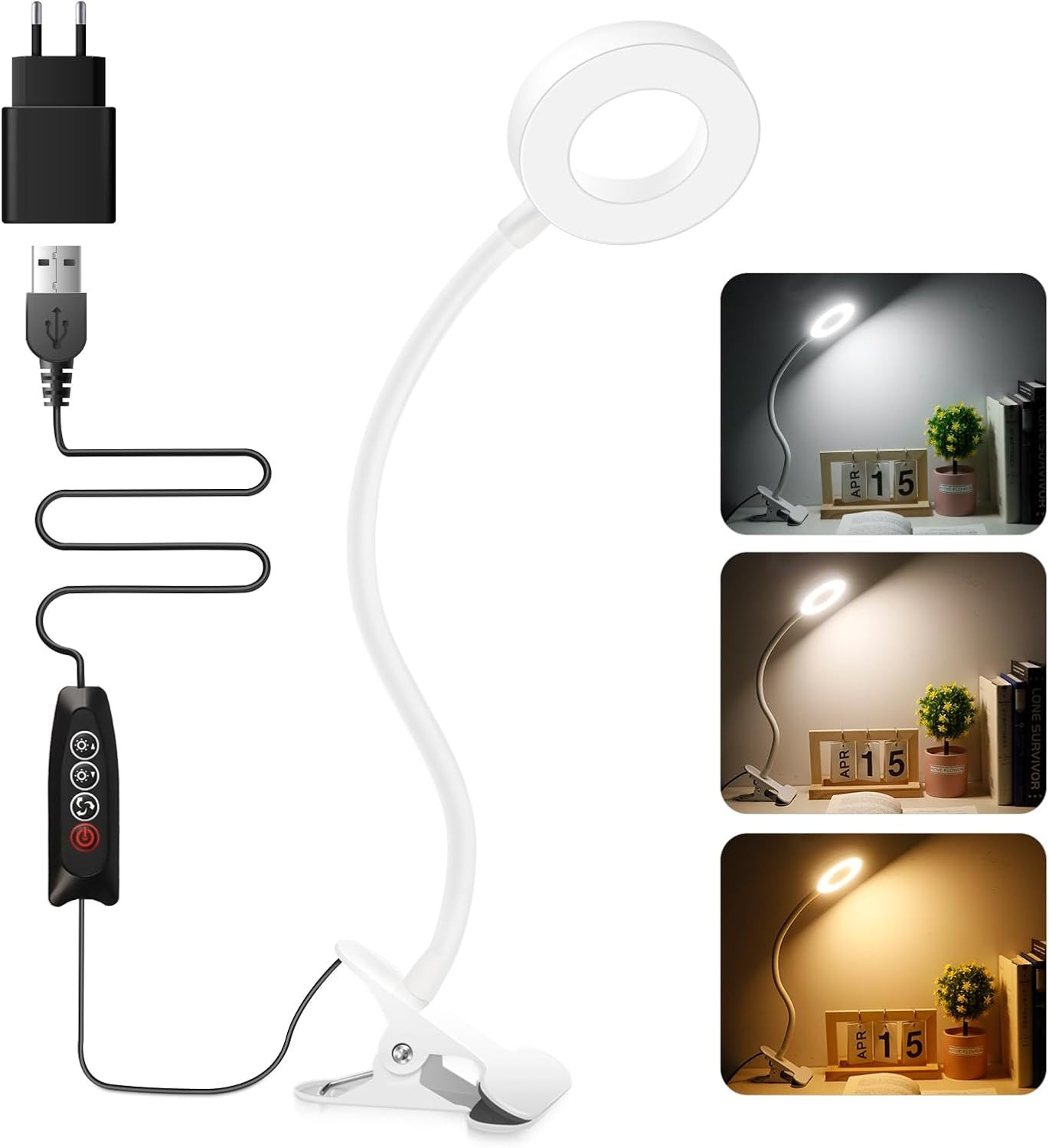Lampada Pinza Bianca LED USB con Alimentatore per Postazione PC
