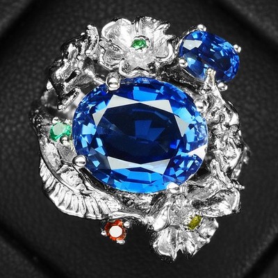 Luxurious Royal Blue Sapphire Oval 7.60Ct 925 Sterling Silver White Gold Rings