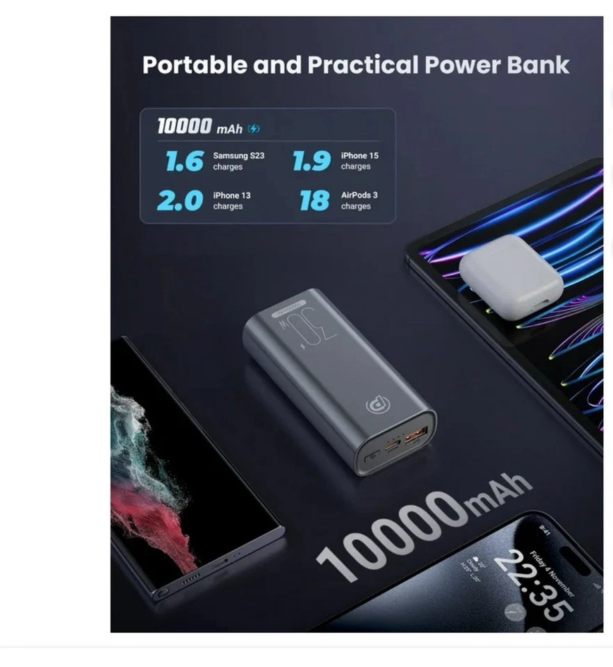 Cargador rápido portátil POWER ADD PRO 10000mAh pequeño banco de energía paquete de baterías 30W Foto 3 de 4