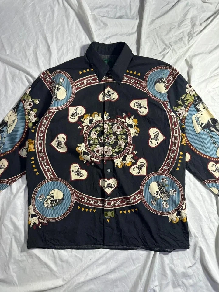 Vintage JPG Jean Paul Gaultier Pinup Girl Skull Graphic Shirt Black Men Size 48 image 2