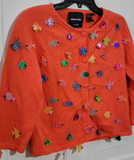 RARE Michael Simon Vintage Y2K Cardigan Novelty Sweater Fish Beaded M Orange