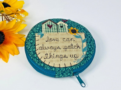 Valorie Sockwell ''love can always patch things up'' vintage folk art sewing pouch