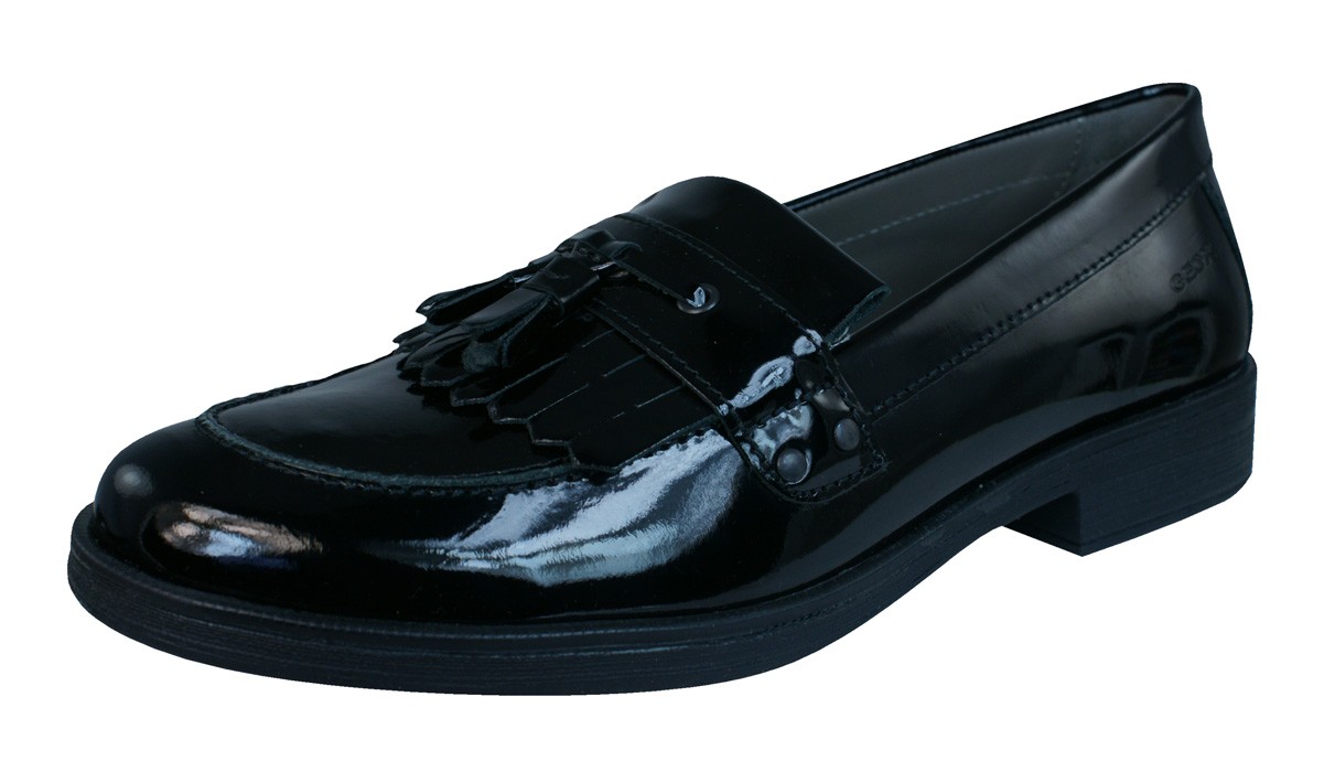 Geox Agata Girls Black Patent Leather School Shoes Tassel Loafers Junior Senior