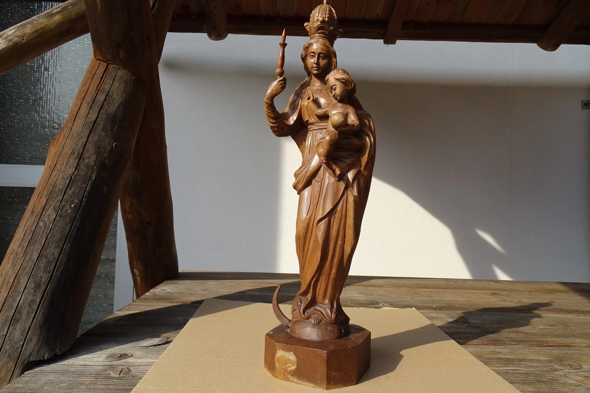 c.1970 Heilige MARIA mit JESUSKIND 42cm Mondsichel Madonna HOLZFIGUR SKULPTUR