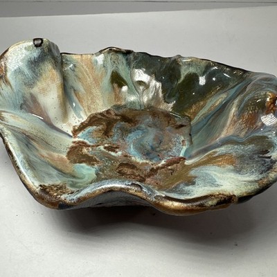 Handmade Studio Pottery Bowl Signed PB Abstract Carved Stoneware Art Bowl 