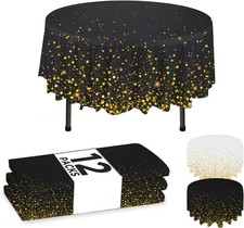 Black Gold 84" Round Disposable Tablecloths w/Confetti