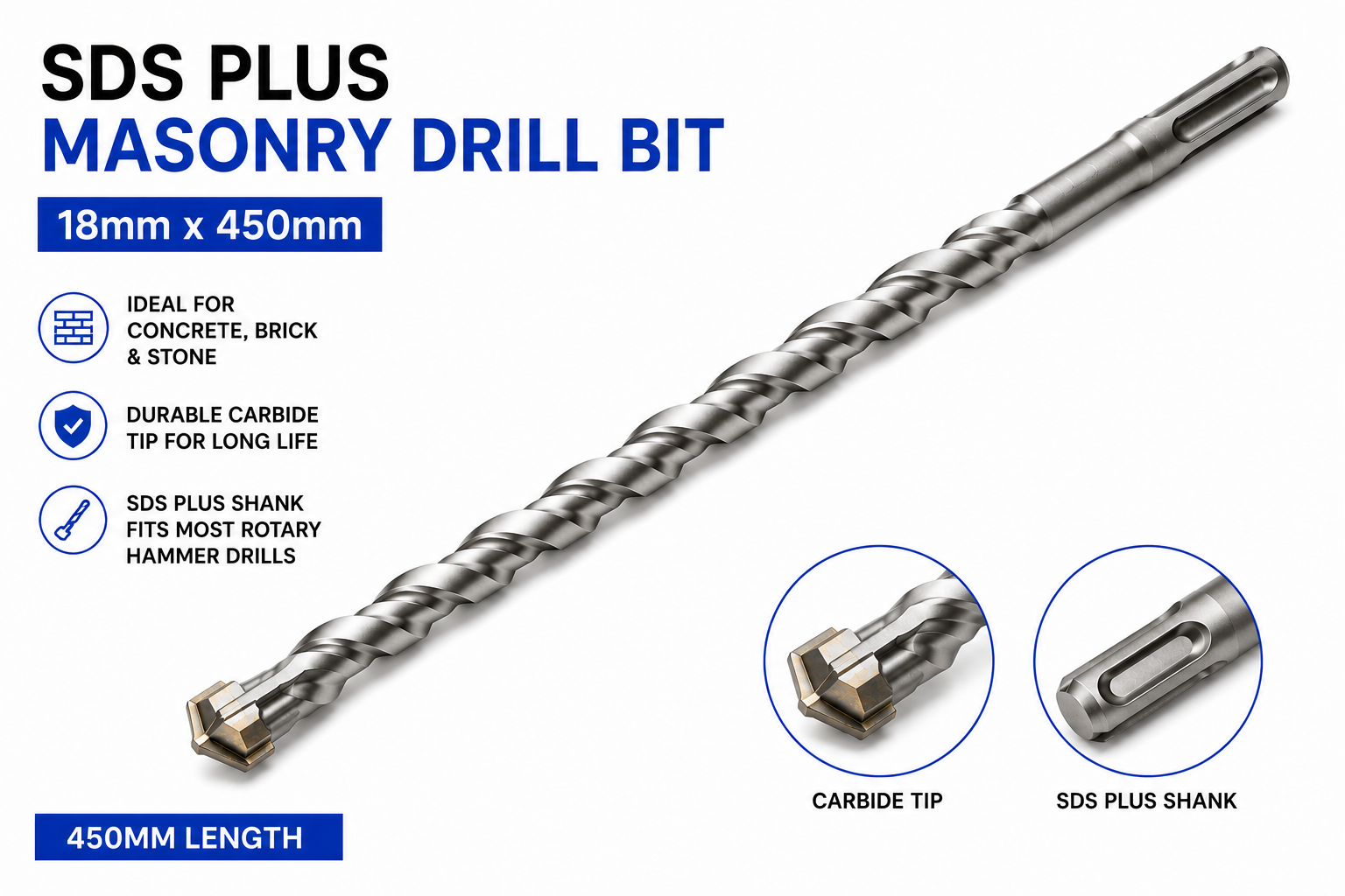 SDS Plus Masonry Drill Bit 18mm x 450mm Long Concrete Brick Stone