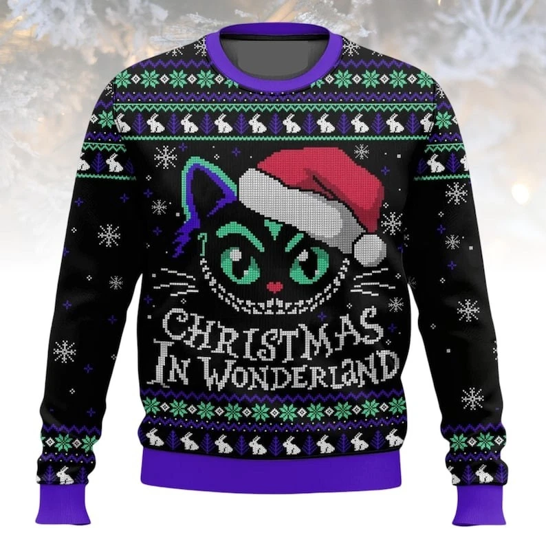 Alice in Wonderland Christmas Ugly Sweater, Cat Holiday Sweater