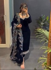 Beautiful Heavy Viscose Velvet Blue Salwar Kameez With Dupatta For Function