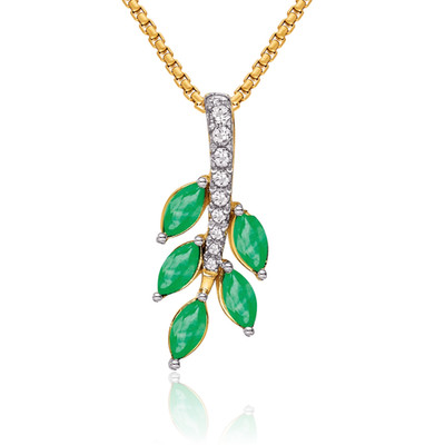 14K massives Gelbgold Smaragd Diamant Blatt Blumen schwimmende Kette Plättchen Halskette
