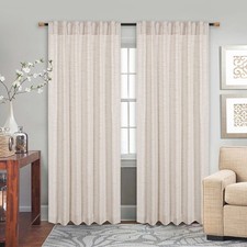 Farmhouse Linen Curtains 50x63 Inch Set of 2 Panels, Natural Flax Poly Slub T...