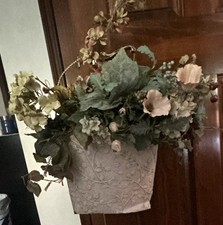 Artificial Rose Flower Basket Wall Decor Arrangement, Green & Pink Floral