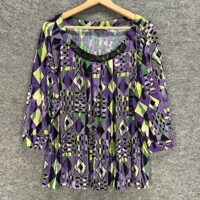 Notations Blouse Women XL Purple Geometric 3/4 Sleeve Round Neck Casual Comfort