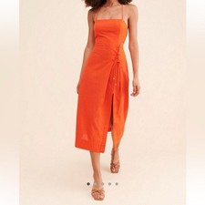 Free People Francesca Orange Red Midi Dress sz L Linen and Cotton
