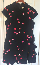 Kate Spade Size 10 Womens Collared Dress Black with Cherry Blossoms Ruffle Skirt
