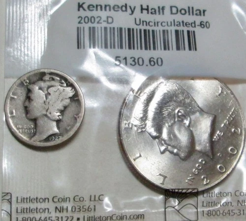 1927 D Mercury Dime and Uncirculated 2002 D Kennedy Half Dollar
