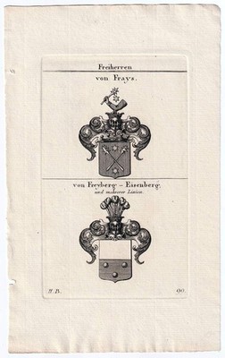 c1820 Frays / Freyberg-Eisenberg Heraldik Adelswappen Kupferstich mit 2 Wappen