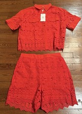 NWT Orange Lace Short Set, Button Up Top Matching Shorts,XL