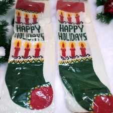 Vintage Christmas Candle Knit Stockings Holiday Pom Poms Mantle Colorful
