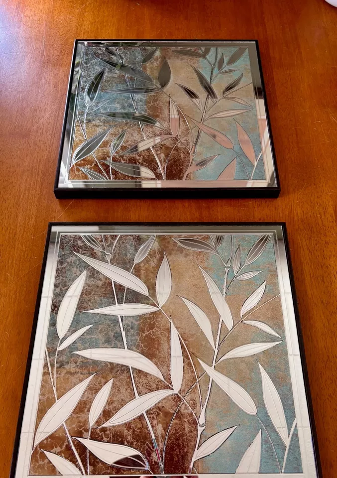 2 BAMBOO SILOUETTE MIRROR WALL ART. FRAMED IN BRONZ COLORED TIN 12" x12" - Image 3 of 4