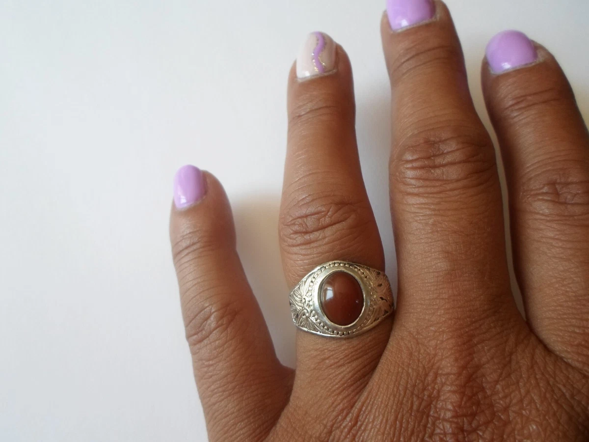 Bague En Argent Massif Avec Cabochon De Cornaline - Taille 47 - Occasion
