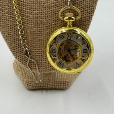 Skeleton Pocket Watch Mens Gold Tone With Chain Steampunk Manual Wind