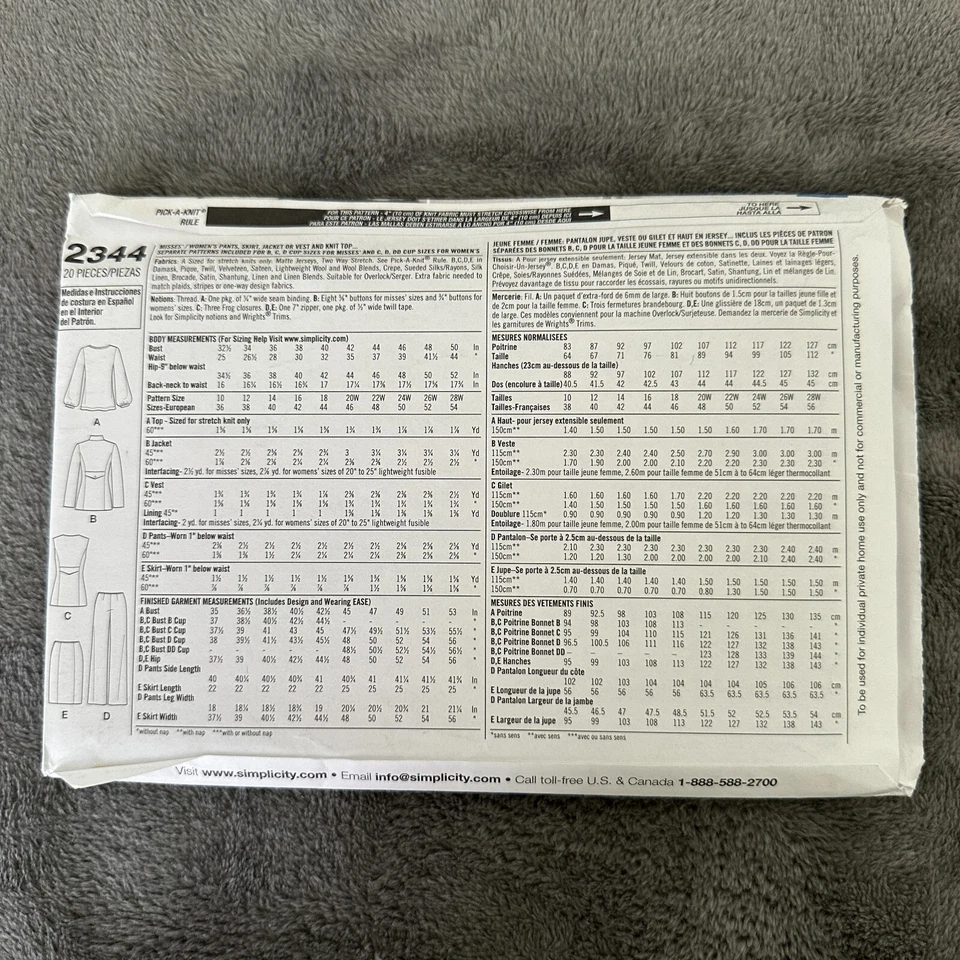 Simplicity 2344 Khaliah Ali Pattern 10-18 Jacket Pants Skirt Vest Top Uncut - Image 3 of 4