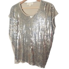 Michael Koors Shirt XS Tan Gold Sequins Front Sleeveless Dance Bling Shimmer