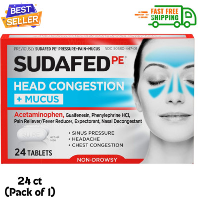 Sudafed PE Head Congestion + Mucus Tablets for Sinus Pressure, Pain,24 ct Pack 1