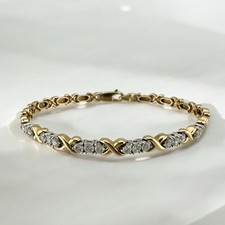 Vintage 14 Karat Two Tone Gold X Design Link Diamond Line Bracelet 0.90 ctw.