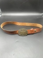VTG 1987 Marlboro Philip Morris Solid Brass Buckle W/ Genuine Leather belt 38