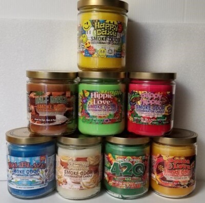 Smoke Odor Exterminator 13 oz Jar Happy Daze Assorted Set of (8) Candles.