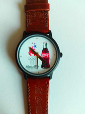 Coca-Cola Armbanduhr analog Motiv Atlanta 1996 Olympia Lederarmband braun